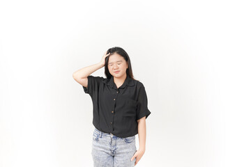 Young Asian woman suffering headache, hand on head wearing Black t-shirt and jeans isolated on white background