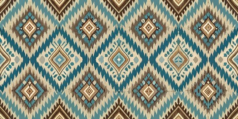 Elegant blue and brown ikat pattern with intricate geometric designs and soft color palette, Ikat, elegant, blue, brown