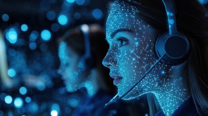 Elevating customer service with blue technology hologram of Digital on screen network, Staff women with headsets and AI interfaces. Call center with Technology Internet and network concept