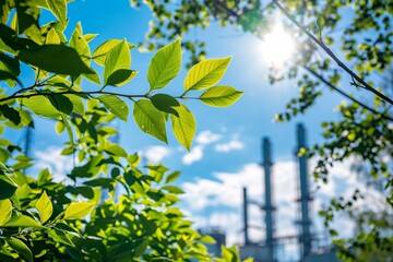 5. Green leafy tree branches in the foreground, industrial factory buildings including smokestacks and distillation towers in the background, sunlight streaming through leaves, blue sky, showcasing