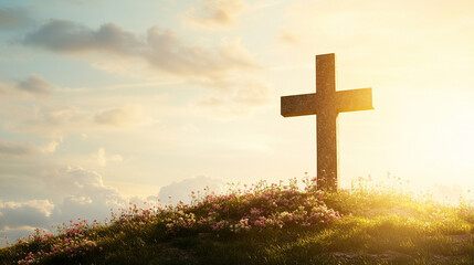Christian cross stands on a vibrant, flowering hill under a clear blue sky, symbolizing hope, faith, and renewal amidst the beauty of nature