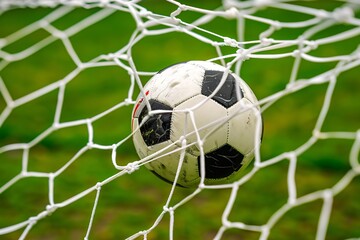 1. Soccer ball striking the back of the net, intense goal-scoring moment, close-up of a white soccer ball with classic black pentagonal patches, net stretched tight against the ball, vivid green