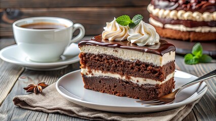 Decadent layered chocolate cake with whipped cream topping and cup of coffee on elegant table setting, chocolate cake