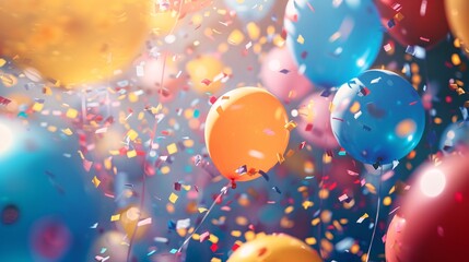 5. Close-up of colorful balloons floating upwards, yellow orange blue and red balloons, confetti falling, festive celebration atmosphere, blurred background, soft focus, party decorations, joyful and