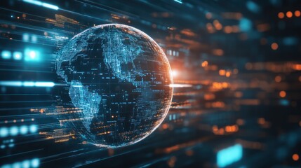 Futuristic global network hub with an America-centric digital world globe, representing rapid data transfer and advanced cyber technology