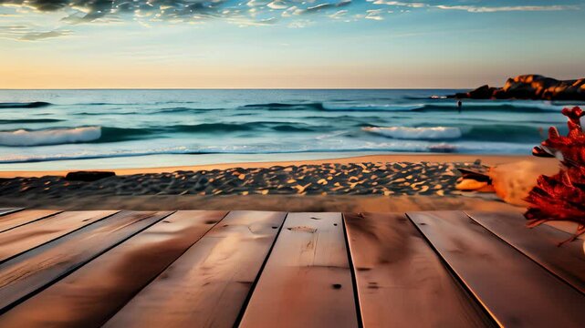 Serene sunset over calm ocean waves at a sandy beach with wooden deck and plants in the foreground