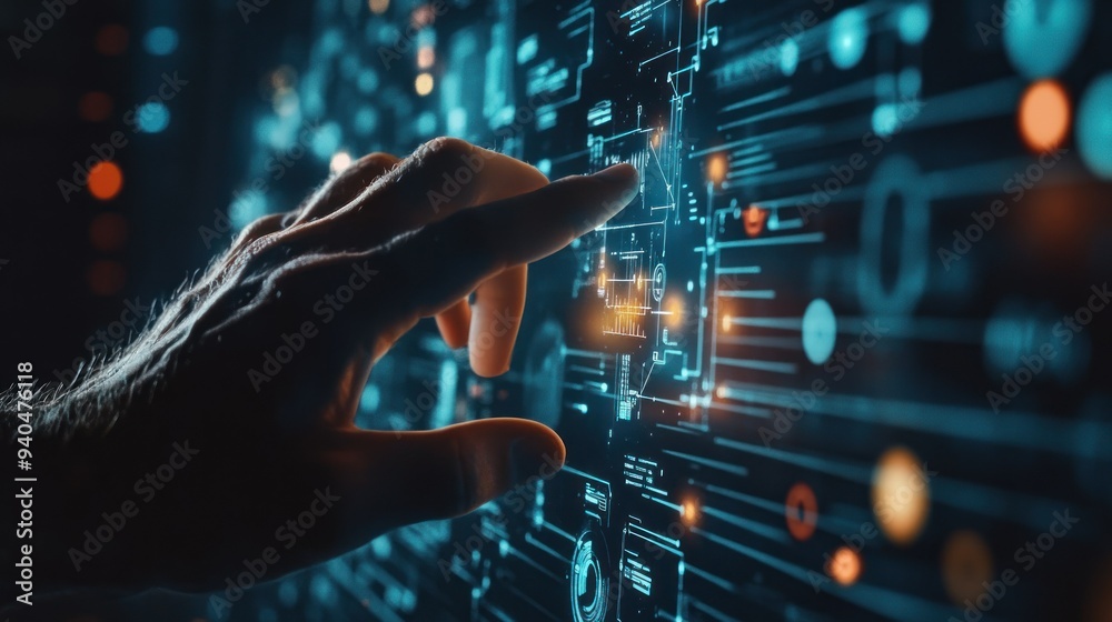 Poster hand interacting with futuristic digital interface