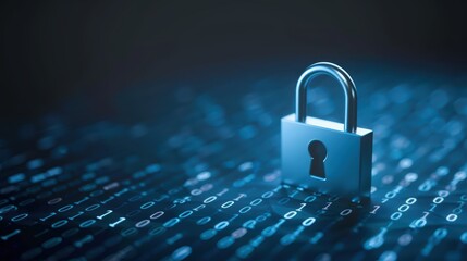 Secure Digital Data Concept with Padlock on Blue Binary Code Background Representing Cybersecurity and Data Protection