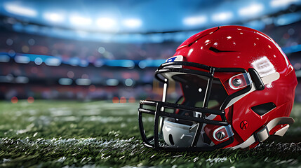 Red American football helmet with a background of an American football stadium