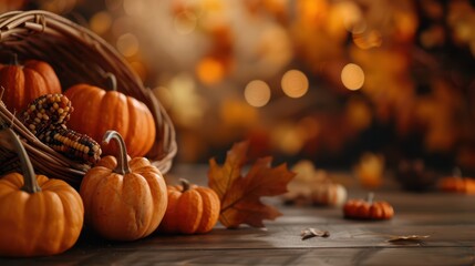 Autumn Harvest Scene with Pumpkins and Corn in a Wicker Basket on a Wooden Table with Warm Bokeh Background