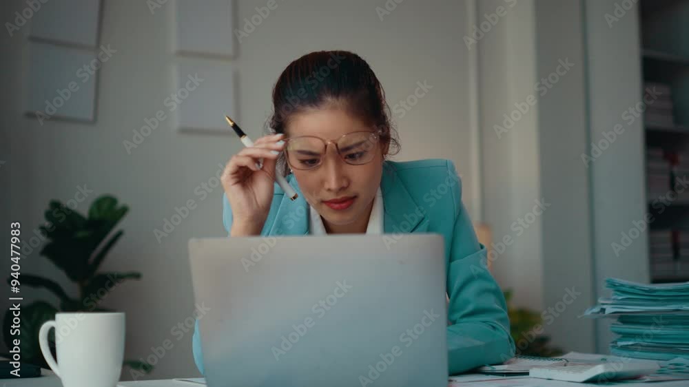 Poster Accountant is experiencing frustration while working on a laptop at her desk. She is surrounded by paperwork and has a concerned expression