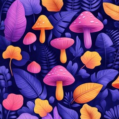 Seamless Pattern with Colorful Mushrooms and Tropical Leaves