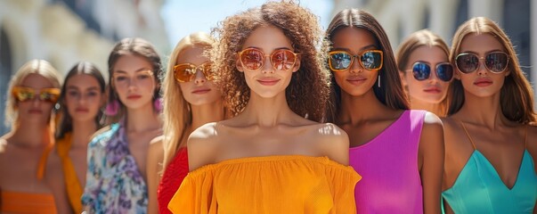 Group of diverse models in coordinated summer outfits, lively street scene, vibrant and energetic, fashion week street style, diversity in fashion