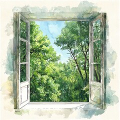 A high-quality, high-resolution photograph depicting a realistic view from a window with a watercolor clipart illustration of a lush green forest. The window offers a stunning perspective of towering