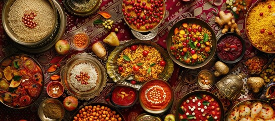 A beautifully arranged spread of Chinese New Year pastries, including baozi and egg tarts, on an elegant table setting with various traditional decorations.