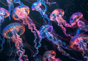 A group of jellyfish are floating in the water. AI.