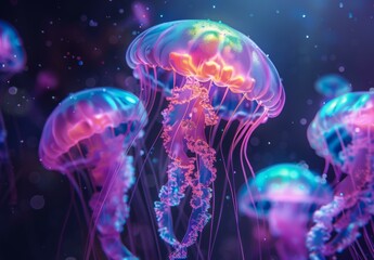 Jellyfish are floating in the water with purple and pink colors. AI.