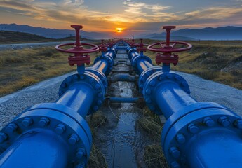 A long blue pipes with red handles on them. AI.