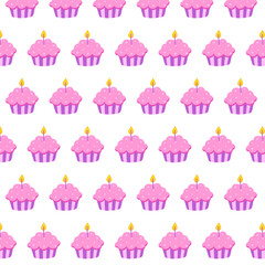 Birthday cupcake with candle regular seamless pattern. Hand drawn sweet cupcake repeat on white. Cute flat vector illustration for holiday design, card, cover