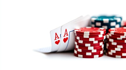 A close-up of poker cards showing two aces alongside stacked colorful chips, perfect for gambling, casino, and gaming themes.