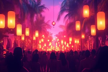 Naklejka premium A vibrant place filled with people, bustling with energy and activity. The lively atmosphere is characterized by an activities and creating a sense of excitement and vibrancy.