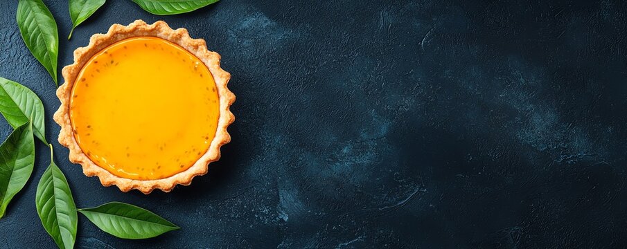 A delicious pumpkin pie garnished with fresh green leaves on a dark textured background. Perfect for autumn and Thanksgiving themes.