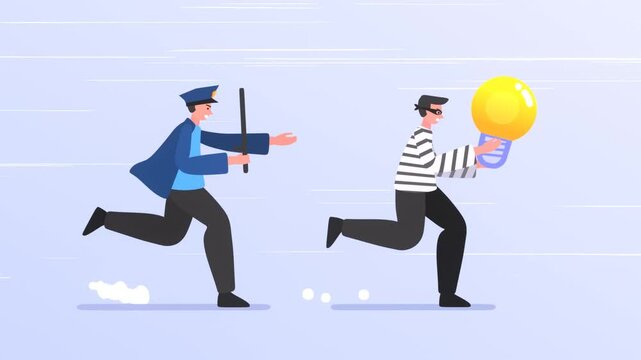 Policeman chases a thief who stole idea, intellectual property infringement concept