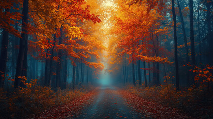Peaceful autumn path through a foggy forest