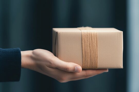 Close-up of a hand holding a neatly wrapped gift box with a string decoration, showcasing a simple and elegant present.