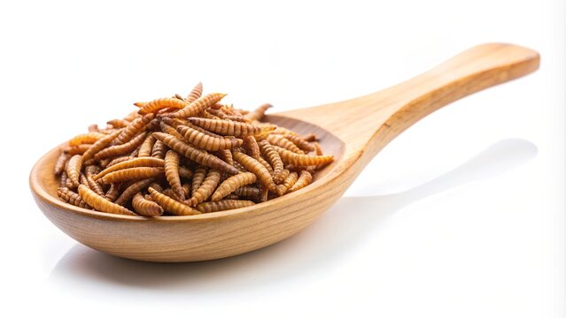 Heimchen and mealworms on a wooden spoon against white background, Heimchen, mealworms