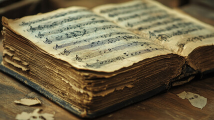 Naklejka premium Aged book with vintage music sheets. 