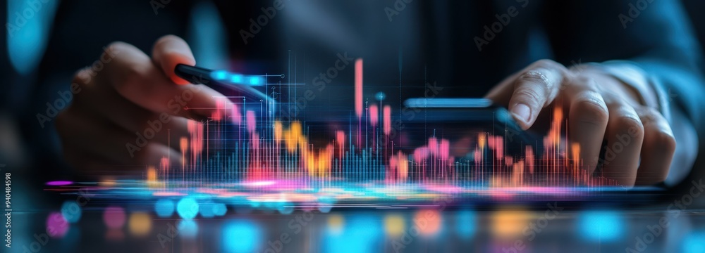 Poster Hand Interacting with a Phone Display Showing Data Visualization