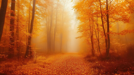 Fototapeta premium Enchanting autumn forest with vibrant golden leaves and mist