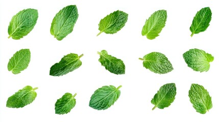 Collection of Green Mint Leaves Isolated on White Background