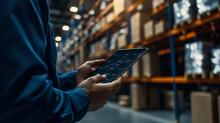 Warehouse worker using a digital tablet to manage inventory in a large industrial storage facility with shelves and boxes.