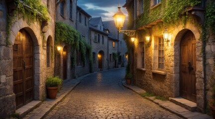 Obraz premium Enchanting Medieval Cobblestone Street with Old Stone Buildings