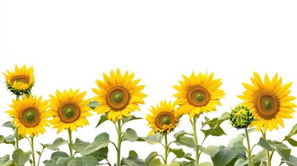 Naklejka premium Sunflowers in Bloom with Green Leaves Against a White Background