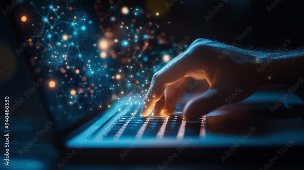 Poster hand typing on laptop with abstract digital network glowing around it