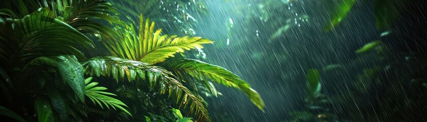 Lush Green Tropical Foliage Under a Rain Shower