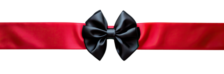 Red satin ribbon with black bow. transparent background png.
