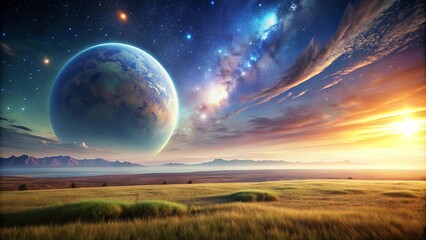 A beautiful landscape with a distant planet in the sky, nature, scenery, space, galaxy, stars, celestial