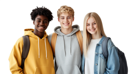 Cheerful group of teens posing in casual attire.
