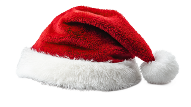 Red santa hat with white fluffy trim.