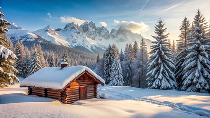 Fototapeta premium Winter landscape featuring a cozy wooden hut surrounded by snow-covered trees and mountains, winter, landscape, hut, snow, trees