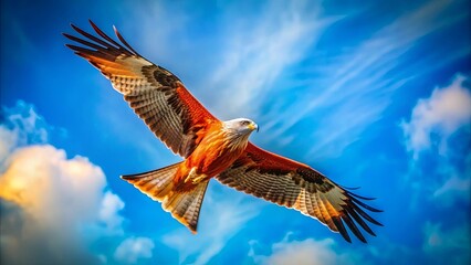 Crimson red kite soaring across the azure sky, creating vibrant color strokes, crimson, red kite, azure sky, vibrant, color
