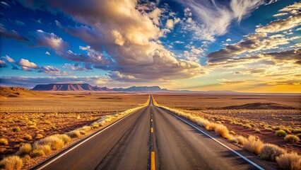 Fototapeta premium Vast desert road disappearing into the horizon, evoking feelings of solitude and wanderlust, desert, road, horizon, solitude