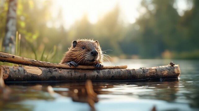 A beaver building a dam with logs and branches in a peaceful river, showcasing its industrious nature amidst a tranquil forest setting.