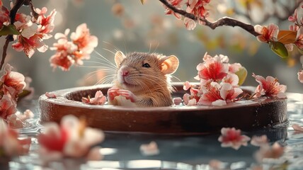A rat enjoying a luxurious spa surrounded by exotic flowers and soothing water, experiencing relaxation and pampering in a serene setting.