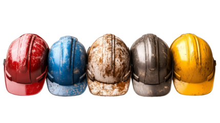 A collection of colorful construction helmets featuring red, blue, gray, black, and yellow helmets, showcasing wear and tear.