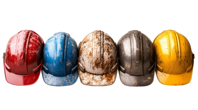 A collection of colorful construction helmets featuring red, blue, gray, black, and yellow helmets, showcasing wear and tear.